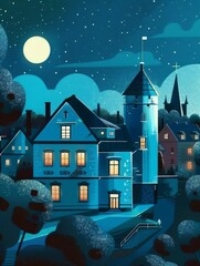 An Enchanting and Dreamy Nighttime Scene Featuring a Blue House and a Towering Structure
