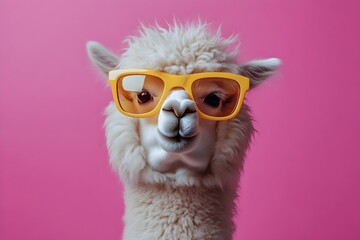 Endearing Alpaca in Stylish Sunglasses on Pastel Studio Portrait
