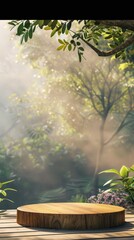 Tranquil Wooden Podium in Serene 3D Nature Setting with Mist and Soft Sunlight.