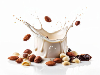 Group of nuts almonds and raisins surrounding fountain of pure milk