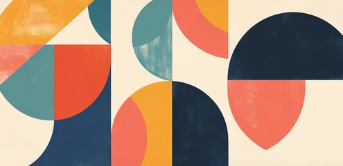 Minimalist and colorful abstract design featuring three geometric shapes of different sizes against a white background.