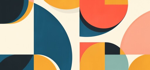 Minimalist and colorful abstract artwork featuring three geometric shapes of varying sizes on a white background.