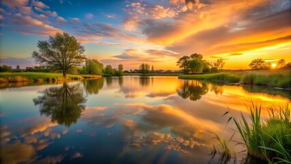 Fototapeta premium Sun-kissed Reflections on a Still Pond generative AI