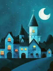 Fototapeta premium The Mystical Night Castle Beautifully Illuminated Under the Enchanting Moonlight