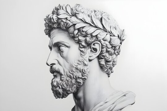 Marble Bust of Marcus Aurelius with Stoic Expression and Laurel Wreath on Clean White Background