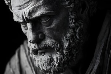 Weathered Stone Carving of Epictetus' Serene Philosophical Face with Blind Eyes and Dramatic Rim Lighting