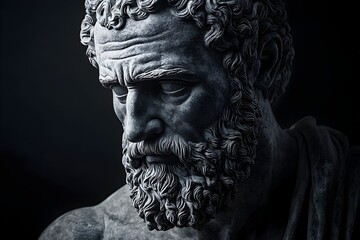 Epictetus Stone Carving Serene Philosopher's Face Blind Eyes Rim Lighting Charcoal Drawing Aesthetic