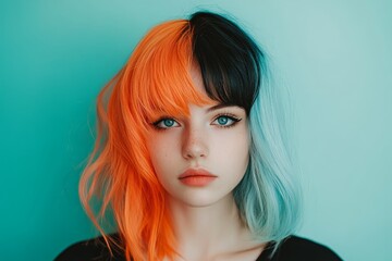 Fototapeta premium Portrait of a woman with one side of her hair dyed and the other side natural color, showcasing hair dyeing. High-resolution, detailed textures, crisp focus