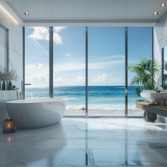 a bathroom with a large window overlooking the ocean