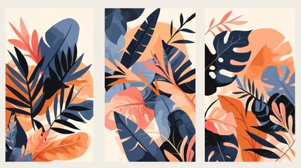 Obraz premium Set of Canvases Featuring Abstract Pink Leaves. Minimalist Plant Art Design on a Clean Background, Ideal for Contemporary Home Decor.