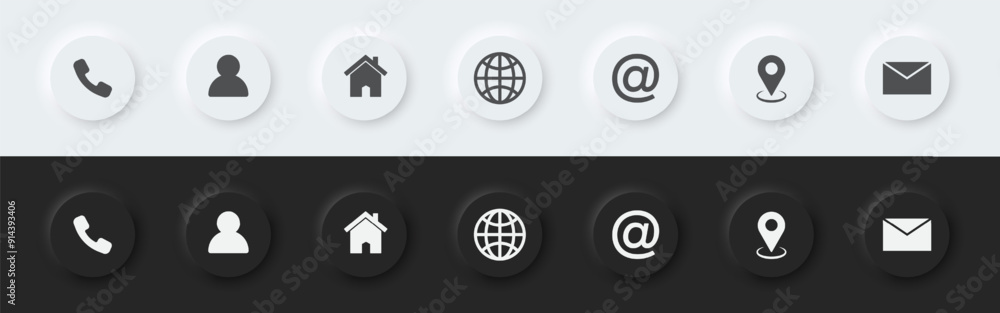 Poster Set of Contact Us icons. Web icon set. A set of black and white round buttons with Contact Us symbols. 3D Neumorphism design style for Apps, Websites, UI UX. Vector illustration.