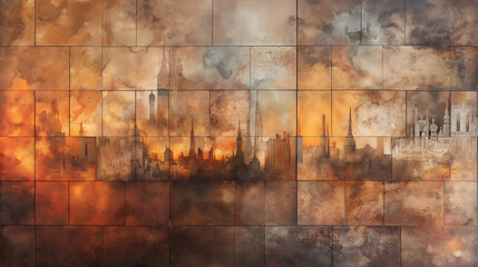 Fototapeta premium A painting of a cityscape with a lot of buildings and a lot of orange