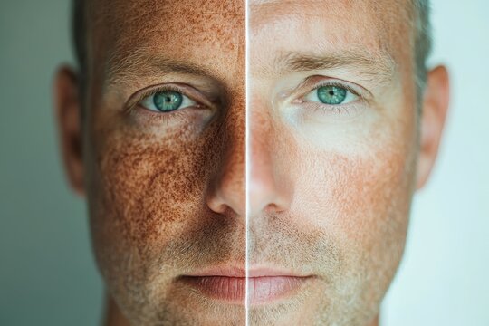 Portrait of a man with one side of his face showing sun damage and the other side protected by sunscreen, emphasizing skincare protection. High-resolution, detailed textures, crisp focus