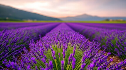 Obraz premium A vibrant lavender field stretches towards the horizon, showcasing rich purple blooms under a serene sky.