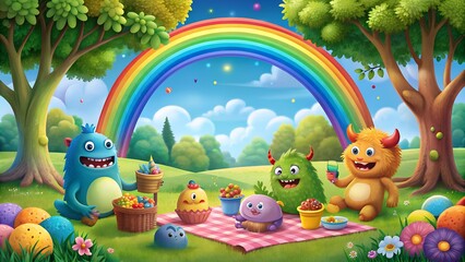 A Whimsical Gathering: A Playful Monster Picnic Amidst a Rainbow of Trees  Generative AI