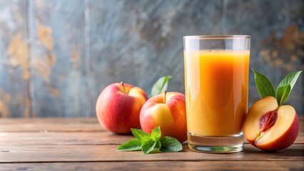 Glass of freshly squeezed peach juice with ripe peach on the side, juice, drink, beverage, healthy, fruit, organic, fresh