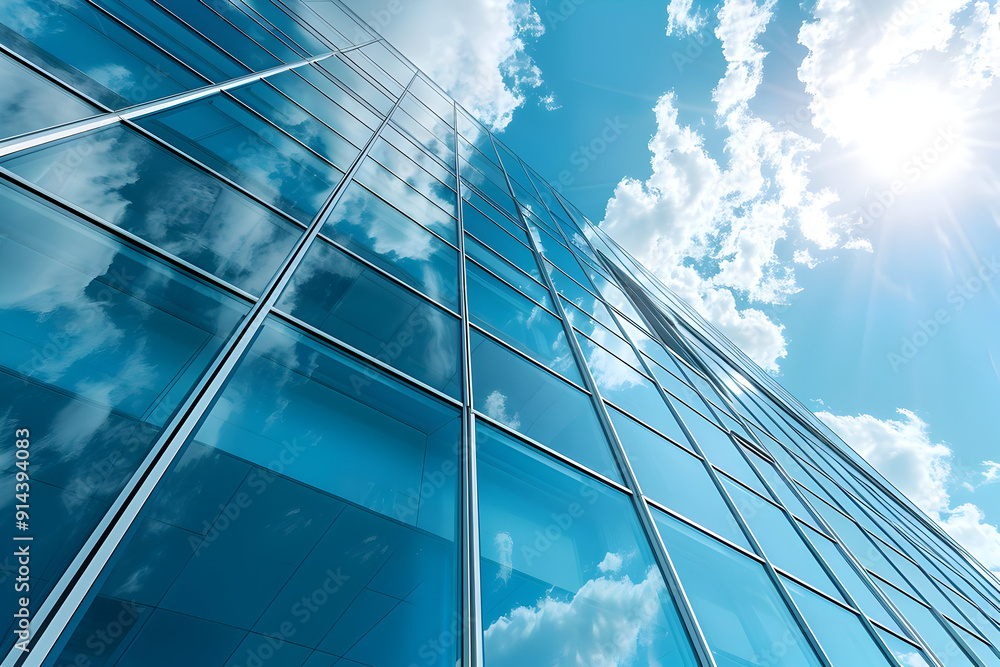 Canvas Prints Modern glass skyscraper reflecting blue sky and clouds.