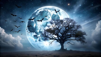 Ethereal Moonlight Bat Flight - A Glowing Full Moon Illuminates a Silhouetted Tree with Bats Swirling Around It  Generative AI