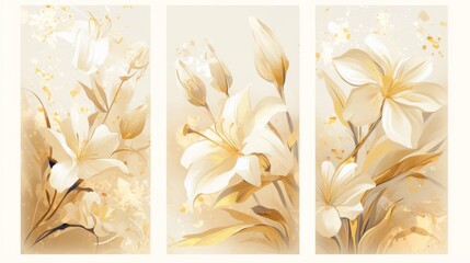 Set of canvases featuring flower illustrations in white and golden colors.  