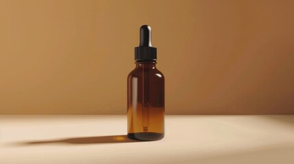 Amber glass bottle with hyaluronic acid or serum on beige background for design with front view.