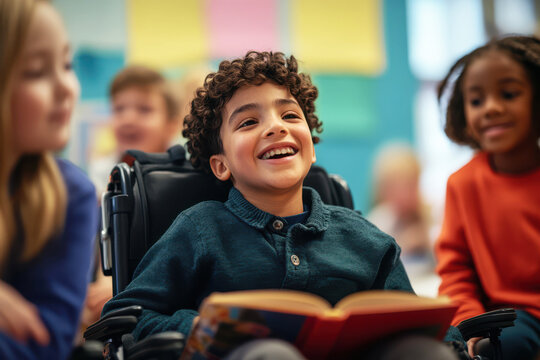 A happy boy in a wheelchair laughing while reading a book with friends in a lively classroom - Powered by Adobe