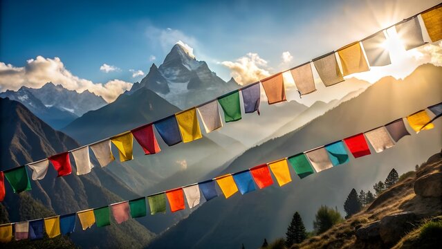 Serene Symphony of Colors: Buddhist Flags Dancing in the Mountain Wind  generative AI