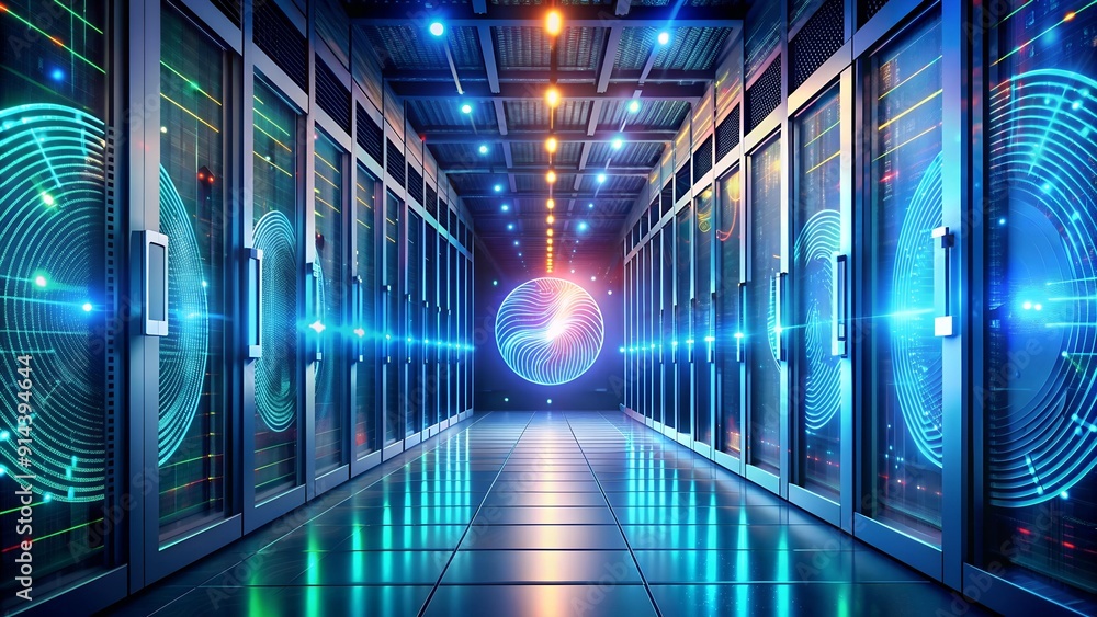 Aufkleber pulse of the digital citadel: biometric rhythms in a futuristic data center ai generated