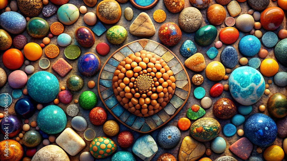 Poster a tapestry of earth: a generative ai rendering of multicolored stones in a geometric mosaic pattern 