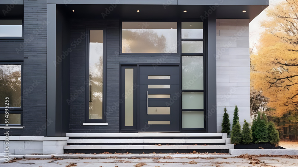 Wall mural Modern home exterior with black brick and gray stone walls, featuring a black front door with glass panels and a set of stairs leading up to the entrance.