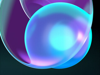 虹色に輝く球体とレンズの3D イラストレーション