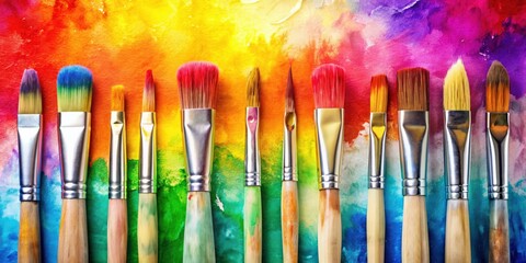 Rows of vibrant watercolor paintbrushes on background , watercolor, paintbrushes, artistic, vibrant, colorful, painting