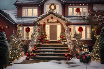 Fototapeta premium Christmas tree in front of a house with Christmas decorations 