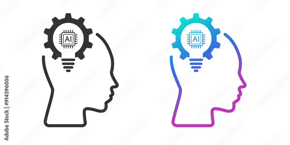 Poster head human with a light bulb ai icon. line icon. artificial intelligence technology concept design. 