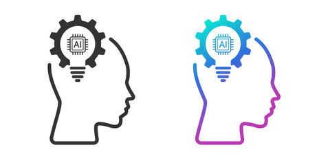 Head human with a light bulb AI icon. line icon. Artificial intelligence technology concept design. Technological brain. Flat design symbols Isolated on white background. Vector illustration.