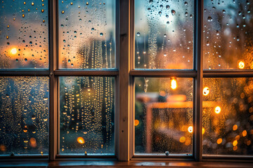 The raindrops on the window create a blurry, dreamy effect. The light from the street outside casts a warm glow on the scene