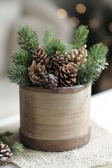 Rustic wooden Christmas decor arrangement with intricate details and a harmonious blend of nature-inspired elements