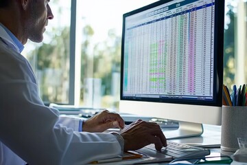 Hospital Doctor Using Spreadsheet For Billing Codes On Desktop
