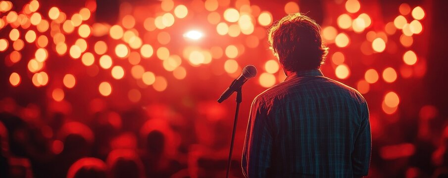 A singer performs on stage surrounded by vibrant lights and an enthusiastic crowd, creating an unforgettable atmosphere.