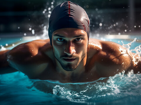 Dynamic swimmer in a cap performing the butterfly stroke, showcasing athletic energy and health