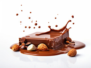 Splashing of square piece of hot melted milk chocolate