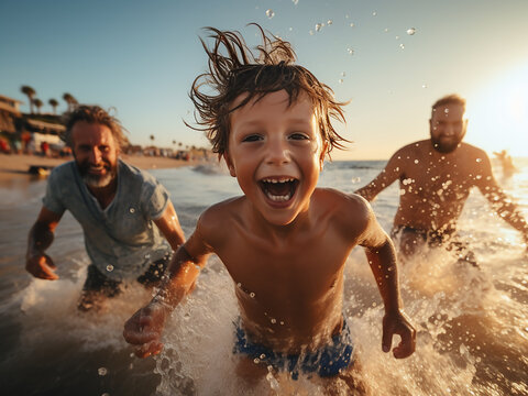 Dad and his boys leaping together at the ocean beach
