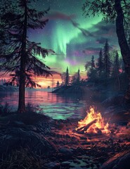 Campfire Under the Aurora Borealis