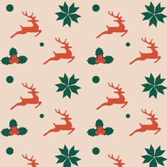 Fototapeta premium New Year seamless pattern with Christmas deer, Christmas tree, snowflake in green and red color