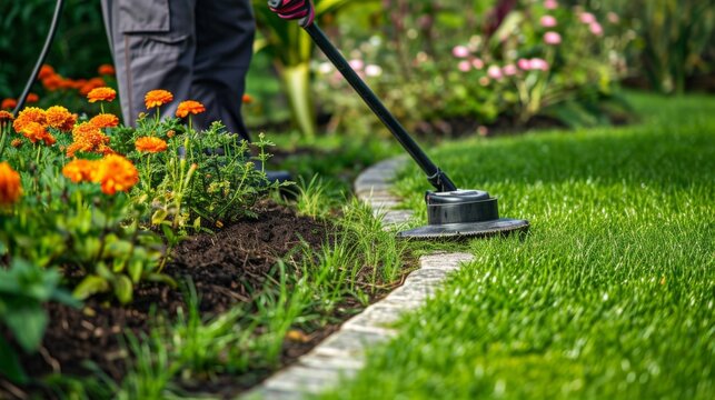 Gardener using a trimmer to neatly edge a lawn