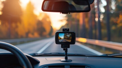Car with a dashboard camera recording a scenic drive