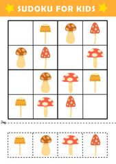 Sudoku logical reasoning activity for kids. Fun sudoku puzzle with cute fungi illustration. Children educational activity worksheet.