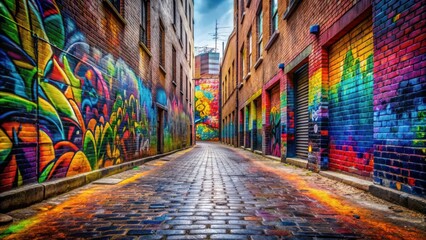 Fototapeta premium Brick street with vibrant graffiti , urban, city, colorful, artwork, vandalism, spray paint, street art, alley, texture, hipster
