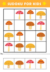 Sudoku logical reasoning activity for kids. Fun sudoku puzzle with cute fungi illustration. Children educational activity worksheet.
