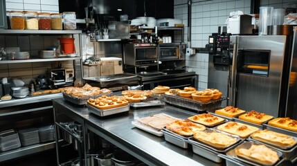 Kitchen bakery scene with baking area showcasing assortment of freshly baked goods