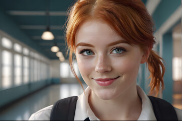 Portrait of a beautiful young woman with red hair looking at camera